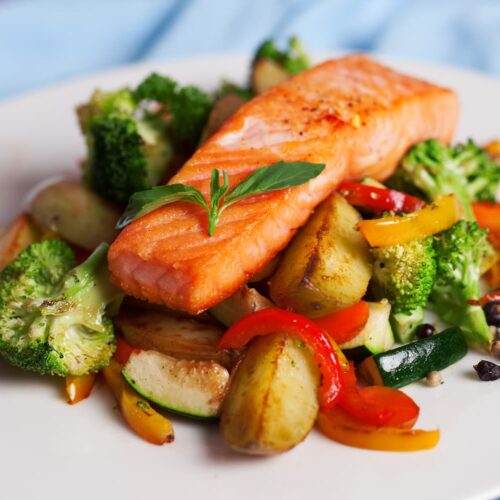 bbq salmon fillet on bed of vegetables - Pasta side dishes for salmon